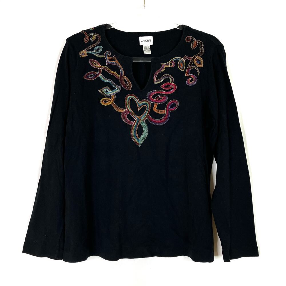 Chico's | Vintage Black Tee Shirt Long Sleeve Embroidered Art Deco Cotton L/2